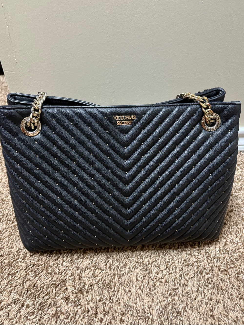 Victoria's Secret Black Quilted Chevron Shoulder Bag with Gold Chain